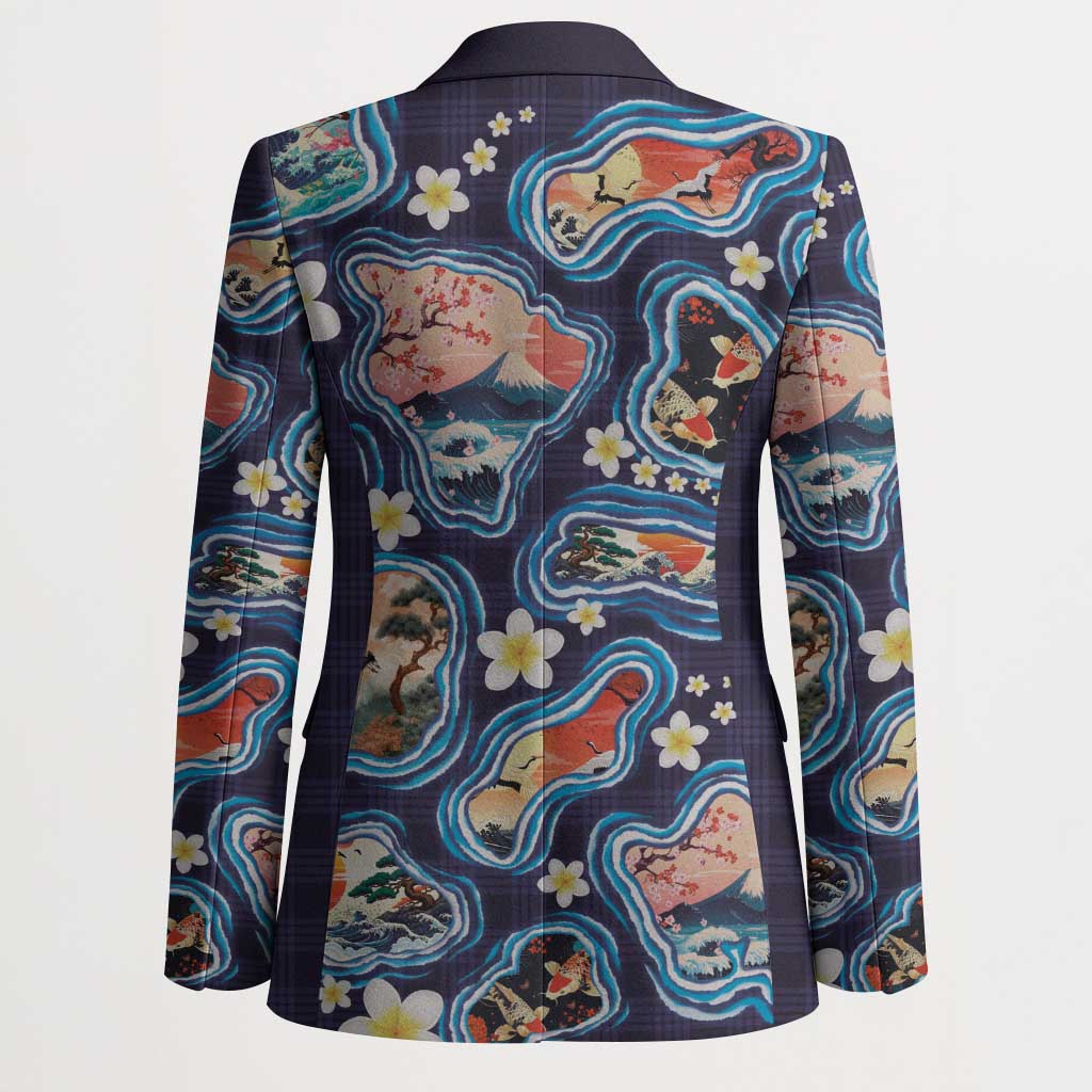 Hawaii Islands Map Design with Japanese Landscape Blazer Hawaiian Japan Fusion Art Navy Color