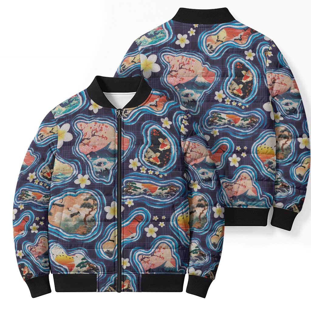 Hawaii Islands Map Design with Japanese Landscape Bomber Puffer Jacket Hawaiian Japan Fusion Art Navy Color