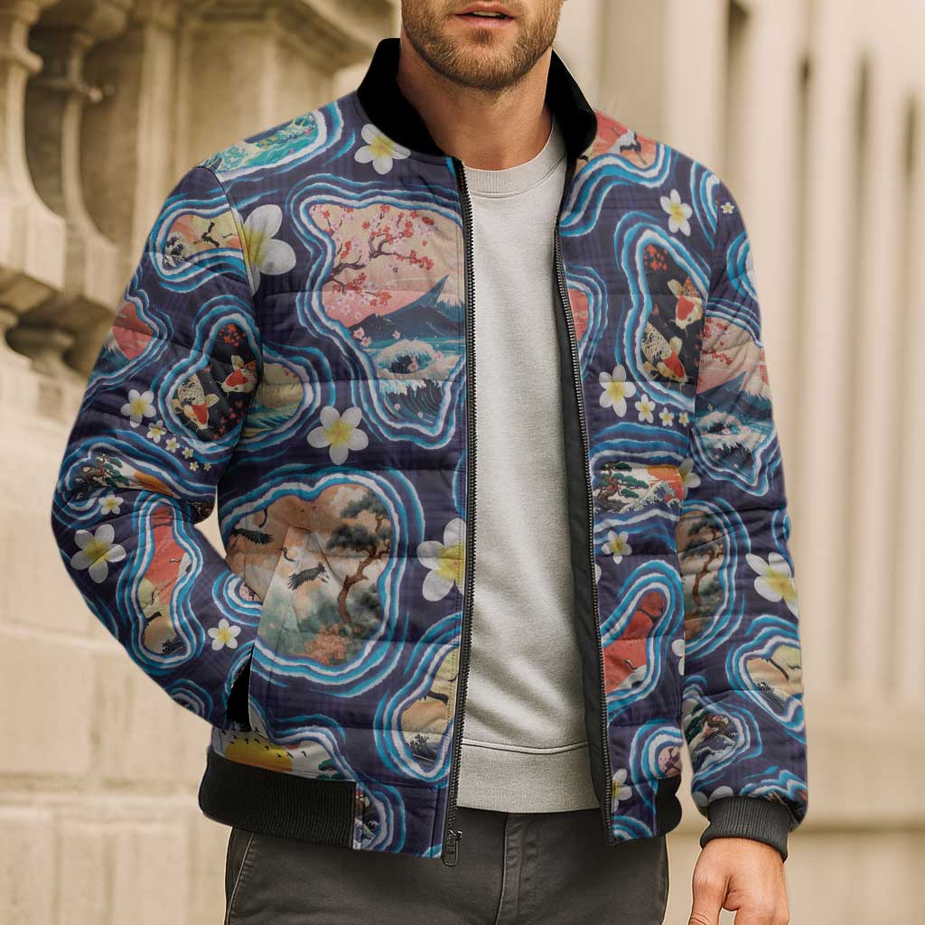 Hawaii Islands Map Design with Japanese Landscape Bomber Puffer Jacket Hawaiian Japan Fusion Art Navy Color