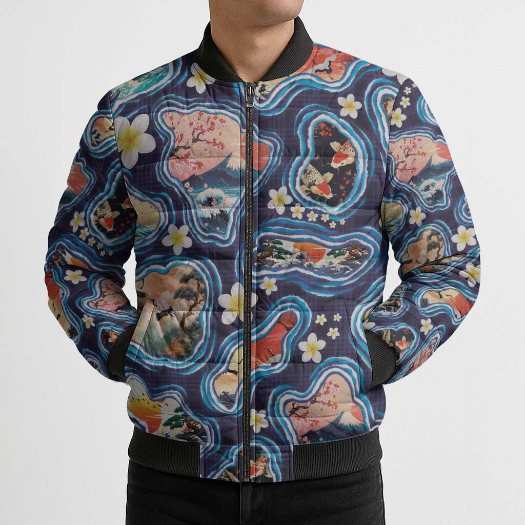 Hawaii Islands Map Design with Japanese Landscape Bomber Puffer Jacket Hawaiian Japan Fusion Art Navy Color
