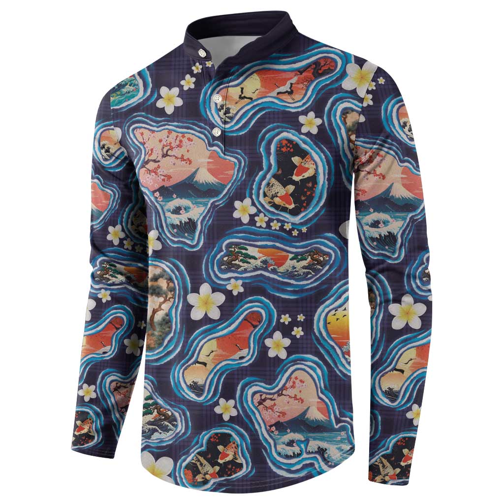 Hawaii Islands Map Design with Japanese Landscape Button Sweatshirt Hawaiian Japan Fusion Art Navy Color