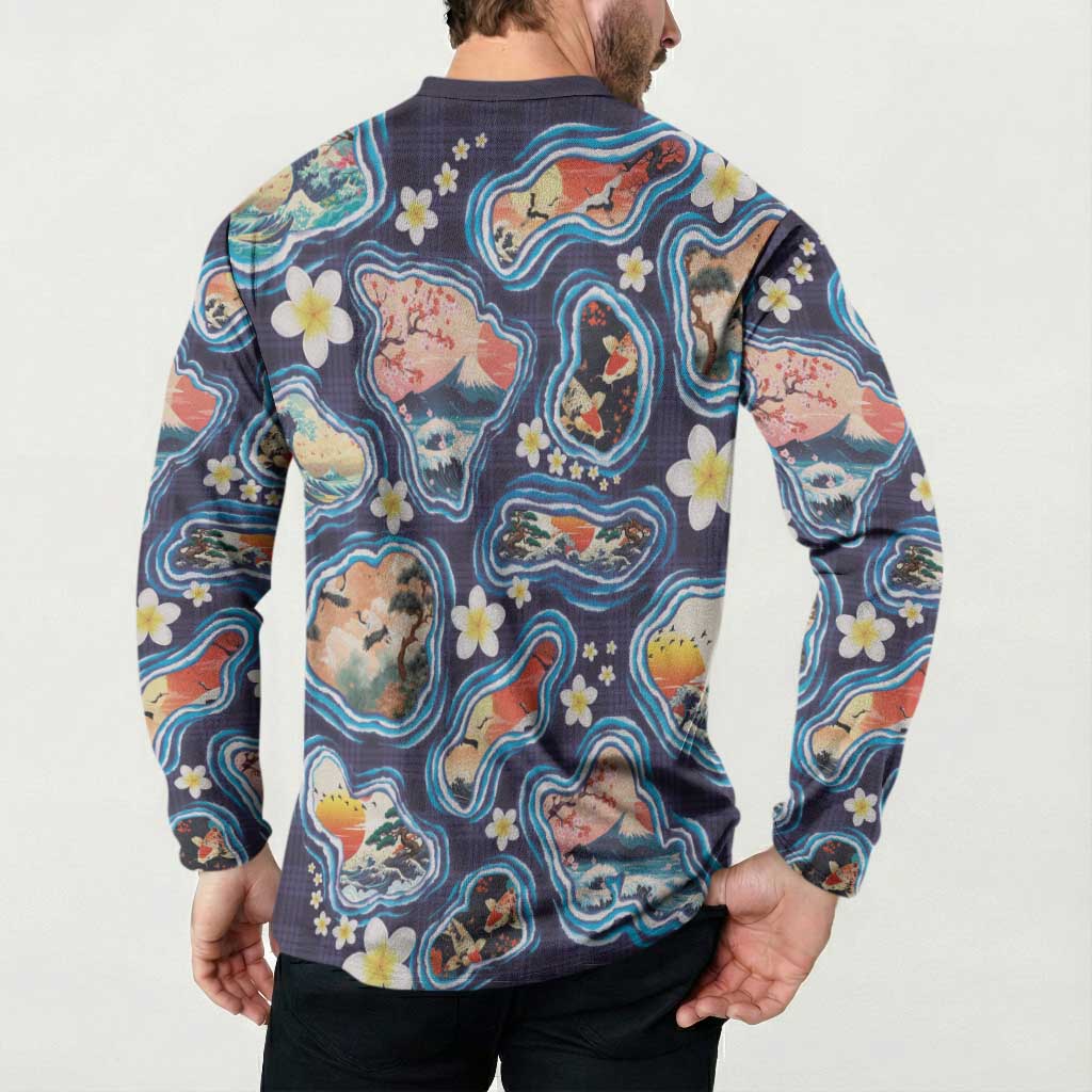 Hawaii Islands Map Design with Japanese Landscape Button Sweatshirt Hawaiian Japan Fusion Art Navy Color