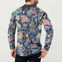 Hawaii Islands Map Design with Japanese Landscape Button Sweatshirt Hawaiian Japan Fusion Art Navy Color