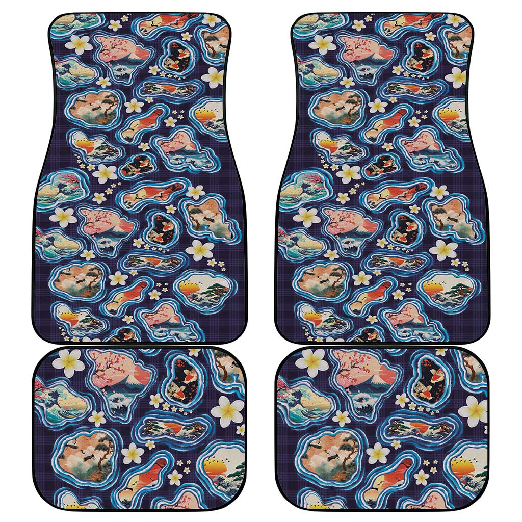 Hawaii Islands Map Design with Japanese Landscape Car Mats Hawaiian Japan Fusion Art Navy Color LT03 - Polynesian Pride