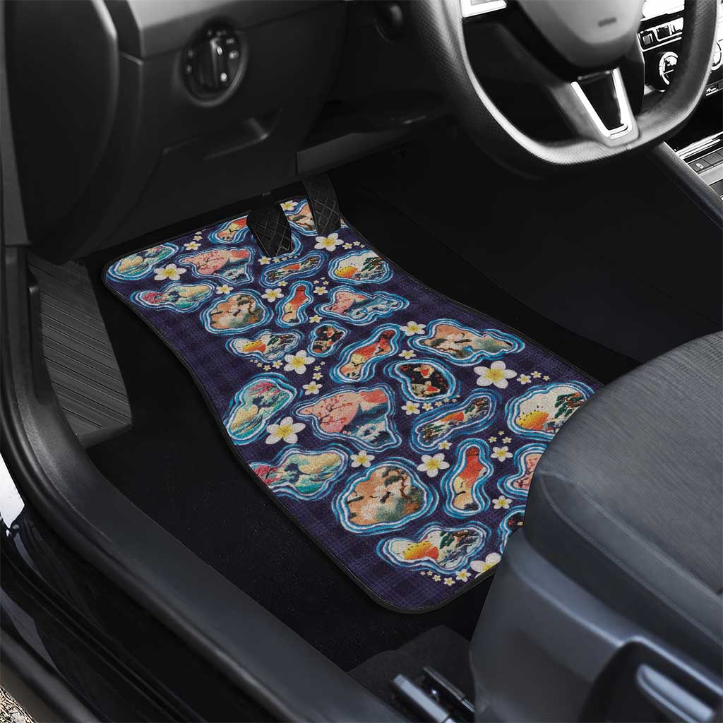 Hawaii Islands Map Design with Japanese Landscape Car Mats Hawaiian Japan Fusion Art Navy Color LT03 - Polynesian Pride