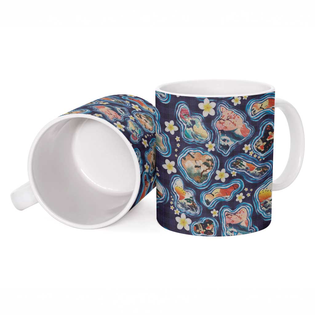 Hawaii Islands Map Design with Japanese Landscape Ceramic Mug Hawaiian Japan Fusion Art Navy Color