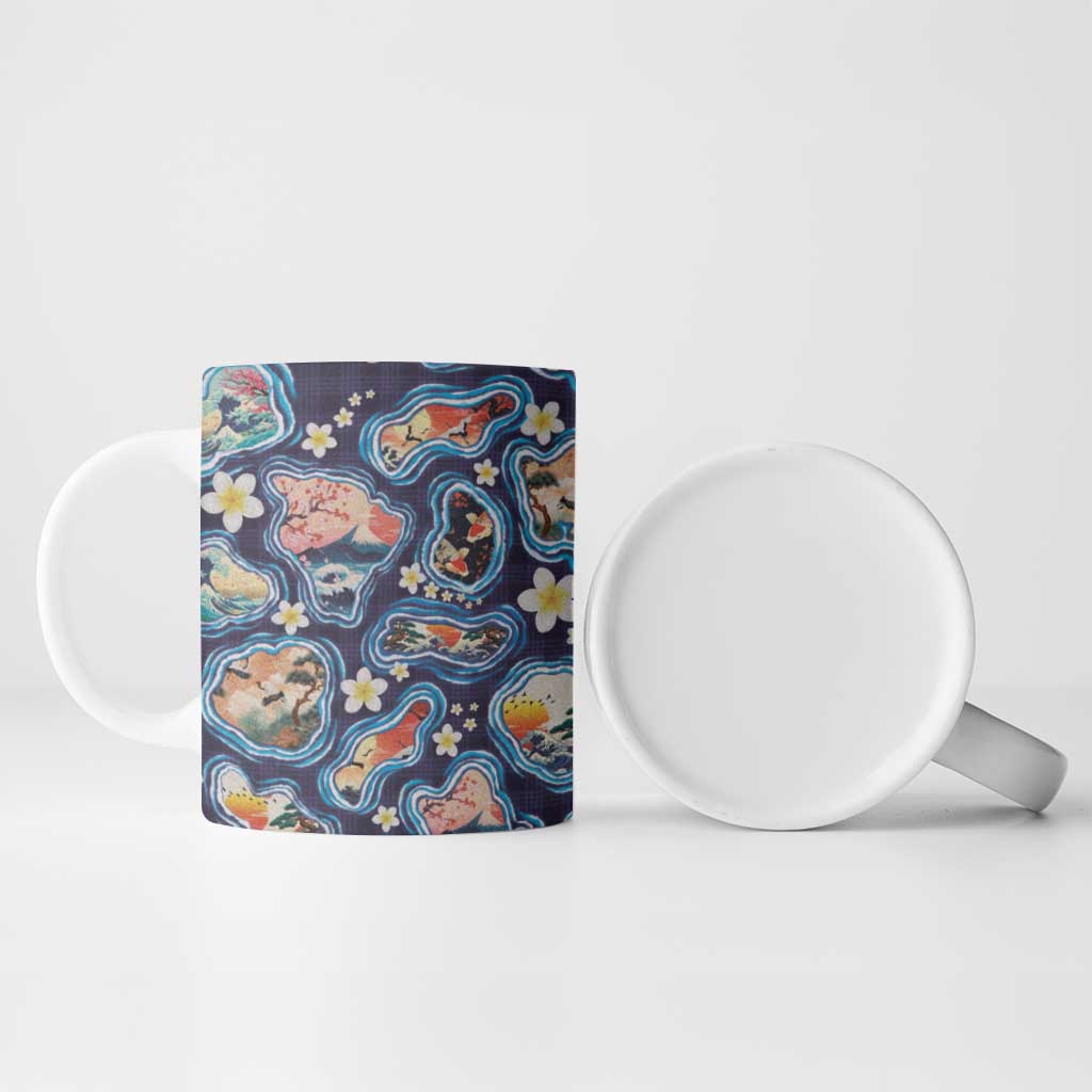 Hawaii Islands Map Design with Japanese Landscape Ceramic Mug Hawaiian Japan Fusion Art Navy Color