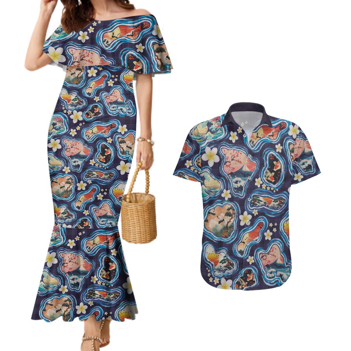 Hawaii Islands Map Design with Japanese Landscape Couples Matching Mermaid Dress and Hawaiian Shirt Hawaiian Japan Fusion Art Navy Color LT03 Navy - Polynesian Pride
