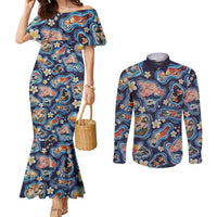 Hawaii Islands Map Design with Japanese Landscape Couples Matching Mermaid Dress and Long Sleeve Button Shirt Hawaiian Japan Fusion Art Navy Color LT03 Navy - Polynesian Pride