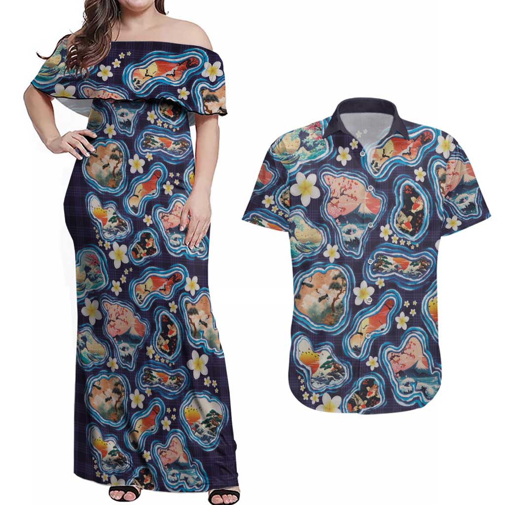 Hawaii Islands Map Design with Japanese Landscape Couples Matching Off Shoulder Maxi Dress and Hawaiian Shirt Hawaiian Japan Fusion Art Navy Color