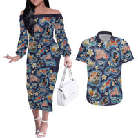 Hawaii Islands Map Design with Japanese Landscape Couples Matching Off The Shoulder Long Sleeve Dress and Hawaiian Shirt Hawaiian Japan Fusion Art Navy Color LT03 Navy - Polynesian Pride