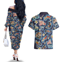 Hawaii Islands Map Design with Japanese Landscape Couples Matching Off The Shoulder Long Sleeve Dress and Hawaiian Shirt Hawaiian Japan Fusion Art Navy Color LT03 - Polynesian Pride