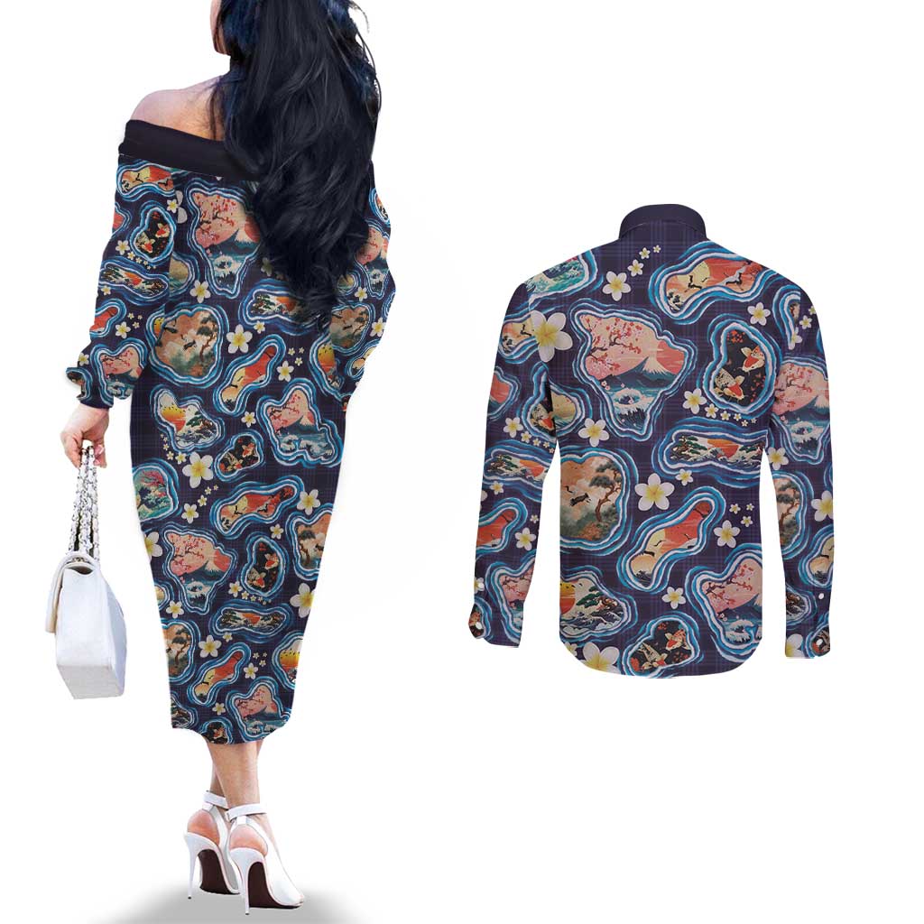 Hawaii Islands Map Design with Japanese Landscape Couples Matching Off The Shoulder Long Sleeve Dress and Long Sleeve Button Shirt Hawaiian Japan Fusion Art Navy Color LT03 - Polynesian Pride