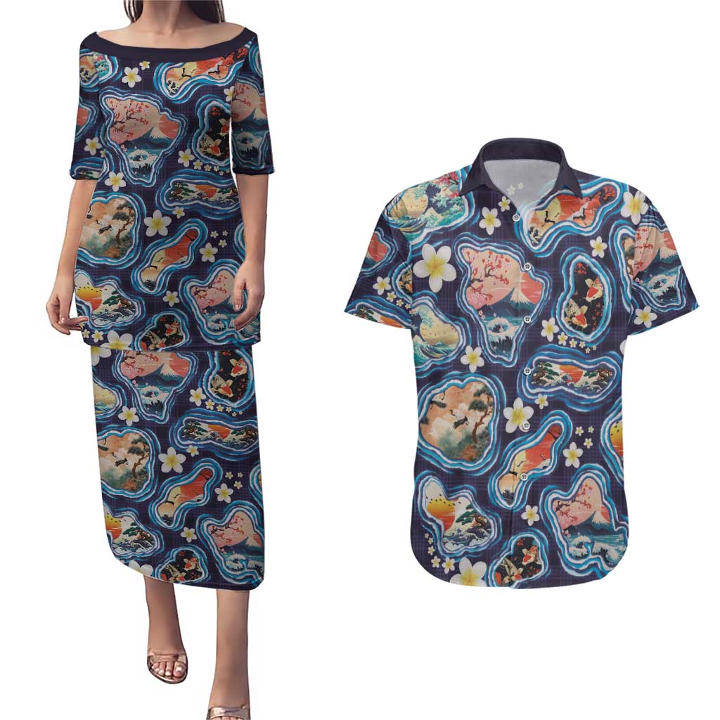 Hawaii Islands Map Design with Japanese Landscape Couples Matching Puletasi and Hawaiian Shirt Hawaiian Japan Fusion Art Navy Color LT03 Navy - Polynesian Pride