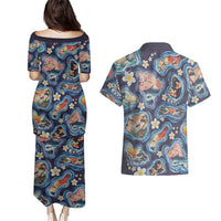Hawaii Islands Map Design with Japanese Landscape Couples Matching Puletasi and Hawaiian Shirt Hawaiian Japan Fusion Art Navy Color LT03 - Polynesian Pride