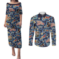 Hawaii Islands Map Design with Japanese Landscape Couples Matching Puletasi and Long Sleeve Button Shirt Hawaiian Japan Fusion Art Navy Color LT03 Navy - Polynesian Pride