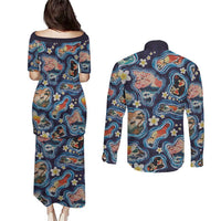 Hawaii Islands Map Design with Japanese Landscape Couples Matching Puletasi and Long Sleeve Button Shirt Hawaiian Japan Fusion Art Navy Color LT03 - Polynesian Pride