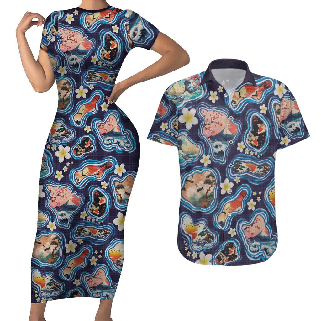 Hawaii Islands Map Design with Japanese Landscape Couples Matching Short Sleeve Bodycon Dress and Hawaiian Shirt Hawaiian Japan Fusion Art Navy Color