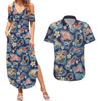 Hawaii Islands Map Design with Japanese Landscape Couples Matching Summer Maxi Dress and Hawaiian Shirt Hawaiian Japan Fusion Art Navy Color LT03 Navy - Polynesian Pride