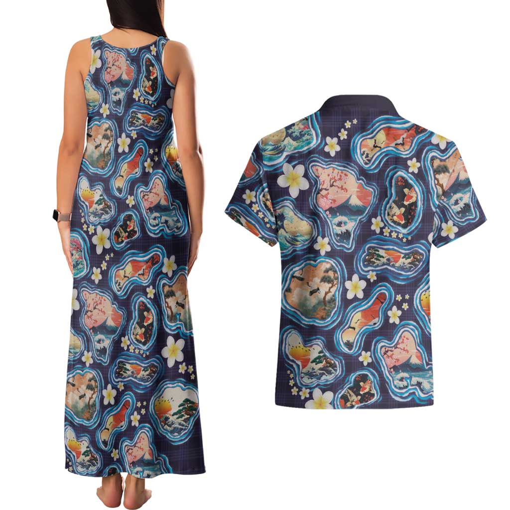 Hawaii Islands Map Design with Japanese Landscape Couples Matching Tank Maxi Dress and Hawaiian Shirt Hawaiian Japan Fusion Art Navy Color LT03 - Polynesian Pride