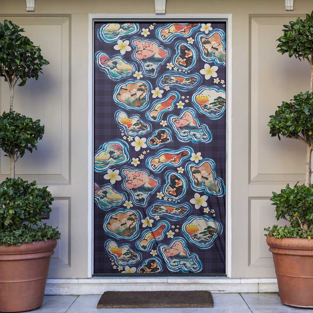 Hawaii Islands Map Design with Japanese Landscape Door Cover Hawaiian Japan Fusion Art Navy Color LT03 Navy - Polynesian Pride