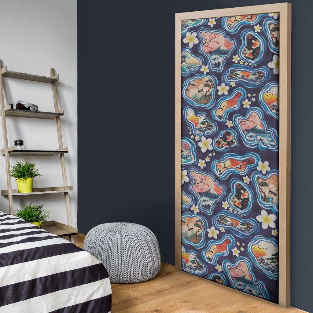 Hawaii Islands Map Design with Japanese Landscape Door Cover Hawaiian Japan Fusion Art Navy Color LT03 - Polynesian Pride
