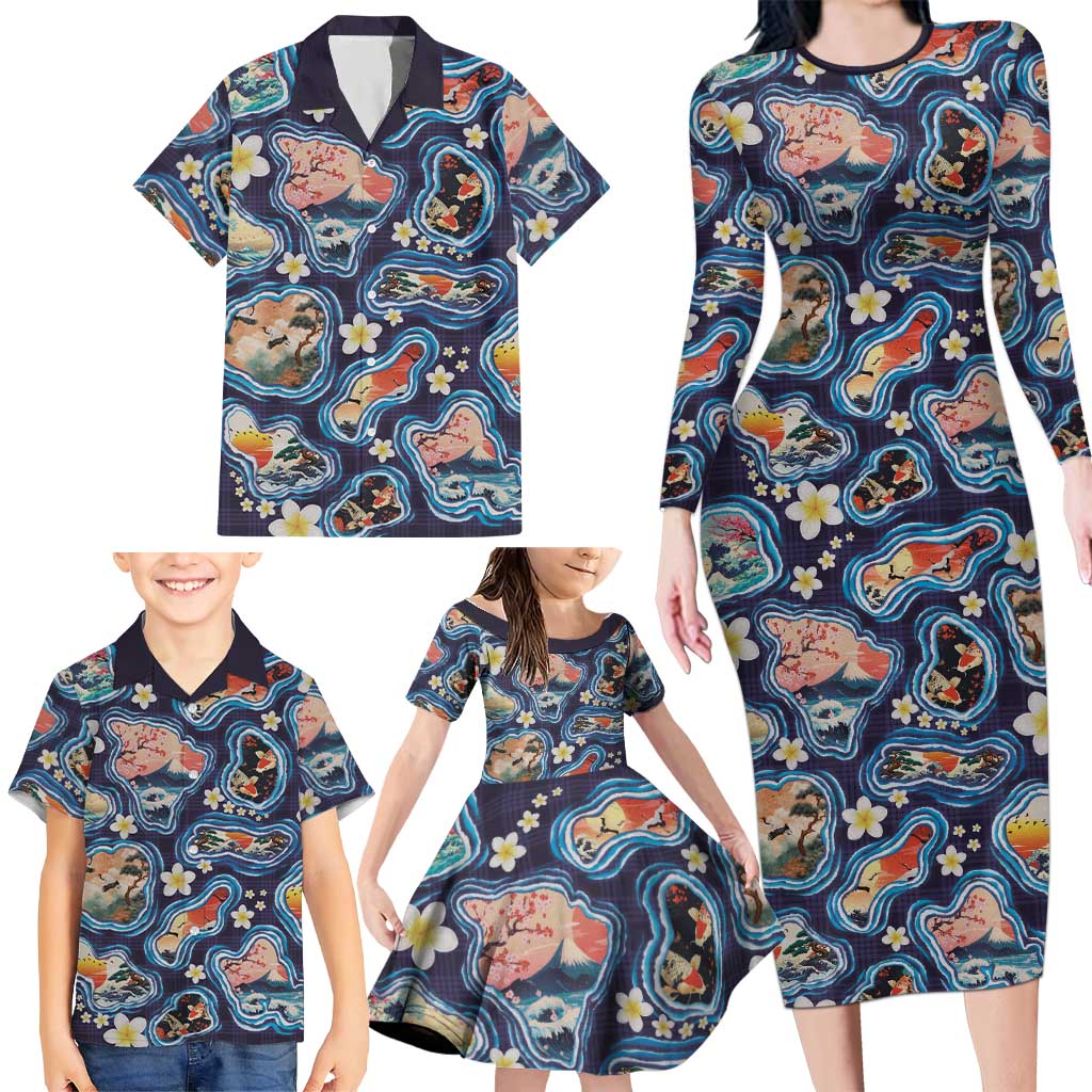 Hawaii Islands Map Design with Japanese Landscape Family Matching Long Sleeve Bodycon Dress and Hawaiian Shirt Hawaiian Japan Fusion Art Navy Color