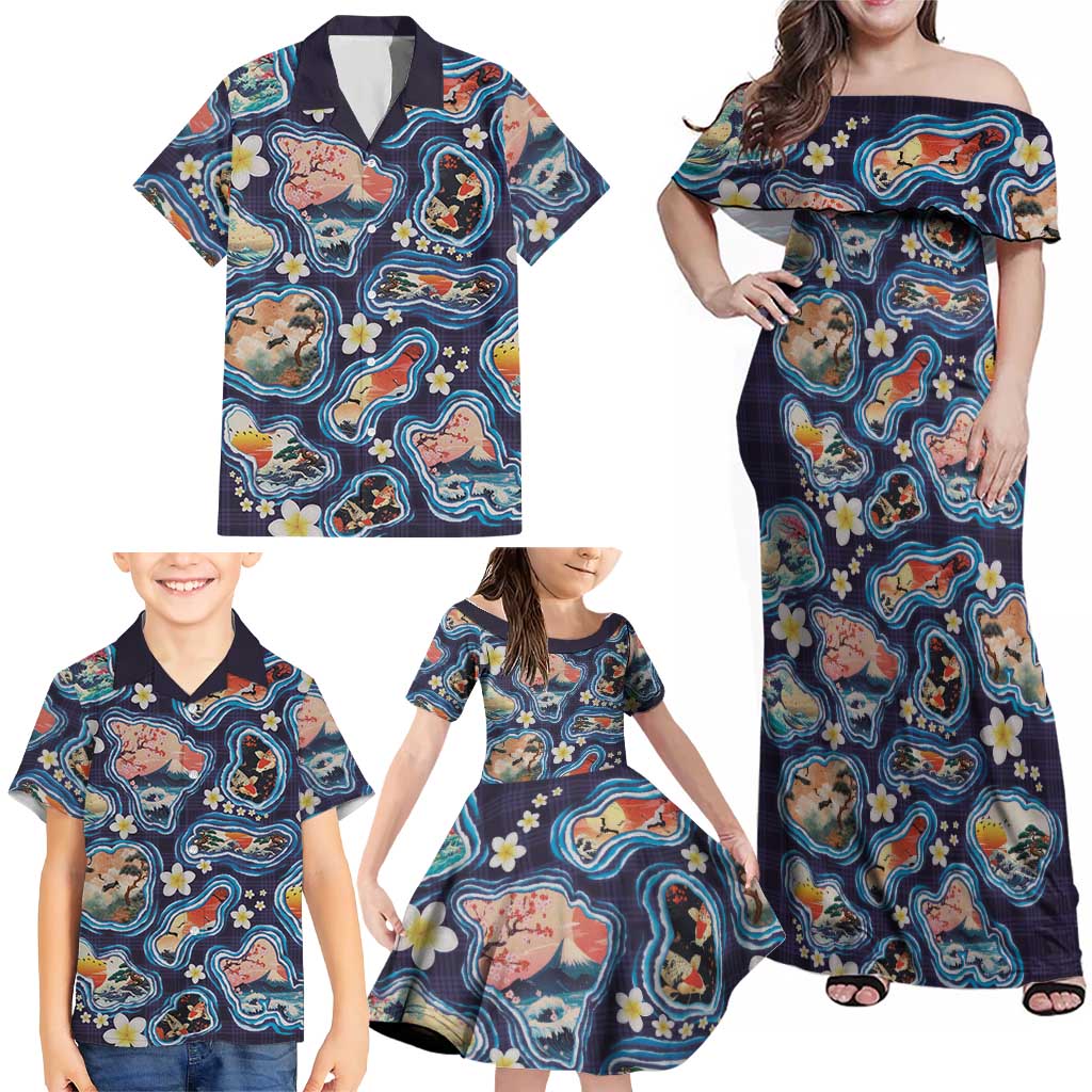 Hawaii Islands Map Design with Japanese Landscape Family Matching Off Shoulder Maxi Dress and Hawaiian Shirt Hawaiian Japan Fusion Art Navy Color