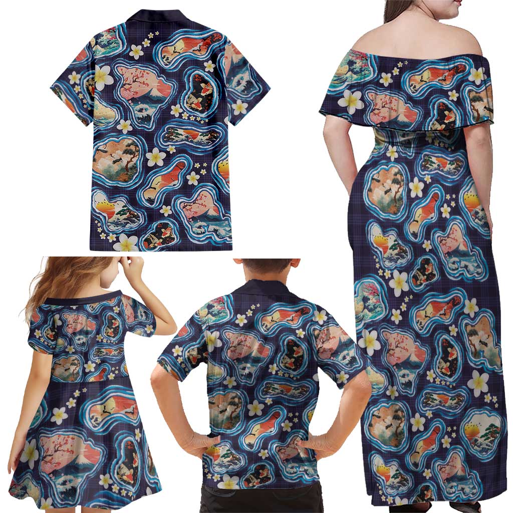 Hawaii Islands Map Design with Japanese Landscape Family Matching Off Shoulder Maxi Dress and Hawaiian Shirt Hawaiian Japan Fusion Art Navy Color LT03 - Polynesian Pride