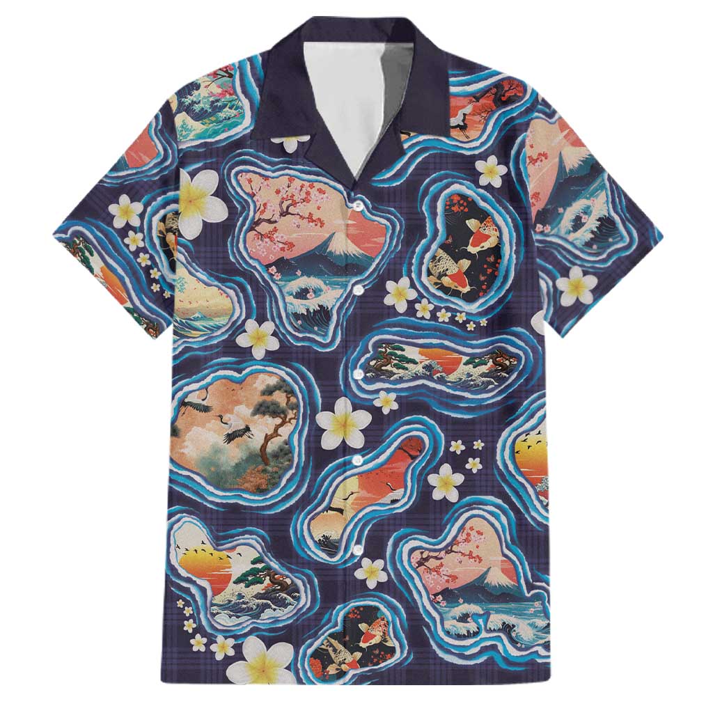 Hawaii Islands Map Design with Japanese Landscape Family Matching Off Shoulder Maxi Dress and Hawaiian Shirt Hawaiian Japan Fusion Art Navy Color LT03 Dad's Shirt - Short Sleeve Navy - Polynesian Pride