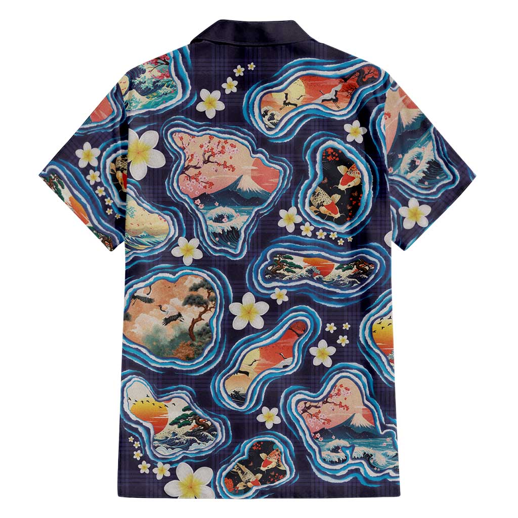Hawaii Islands Map Design with Japanese Landscape Family Matching Off Shoulder Maxi Dress and Hawaiian Shirt Hawaiian Japan Fusion Art Navy Color LT03 - Polynesian Pride
