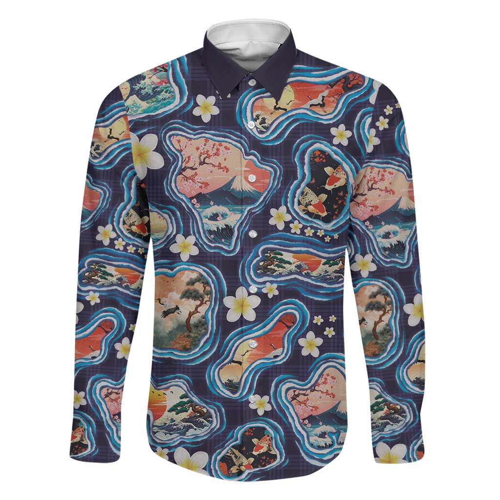 Hawaii Islands Map Design with Japanese Landscape Family Matching Off Shoulder Maxi Dress and Hawaiian Shirt Hawaiian Japan Fusion Art Navy Color LT03 Dad's Shirt - Long Sleeve Navy - Polynesian Pride