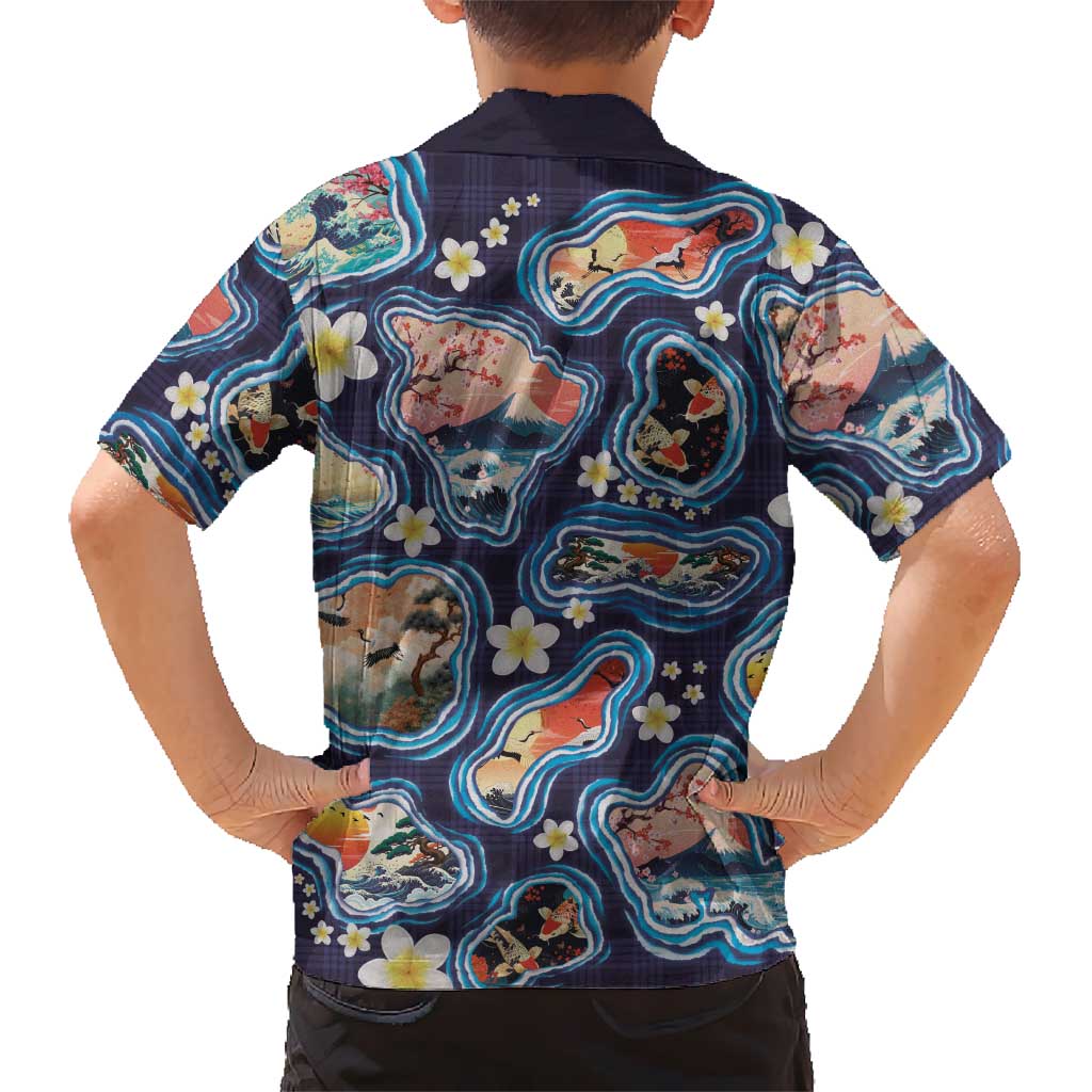 Hawaii Islands Map Design with Japanese Landscape Family Matching Off Shoulder Short Dress and Hawaiian Shirt Hawaiian Japan Fusion Art Navy Color LT03 - Polynesian Pride