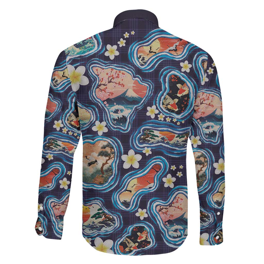 Hawaii Islands Map Design with Japanese Landscape Family Matching Puletasi and Hawaiian Shirt Hawaiian Japan Fusion Art Navy Color LT03 - Polynesian Pride