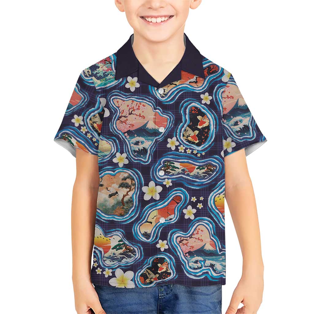 Hawaii Islands Map Design with Japanese Landscape Family Matching Puletasi and Hawaiian Shirt Hawaiian Japan Fusion Art Navy Color LT03 Son's Shirt Navy - Polynesian Pride