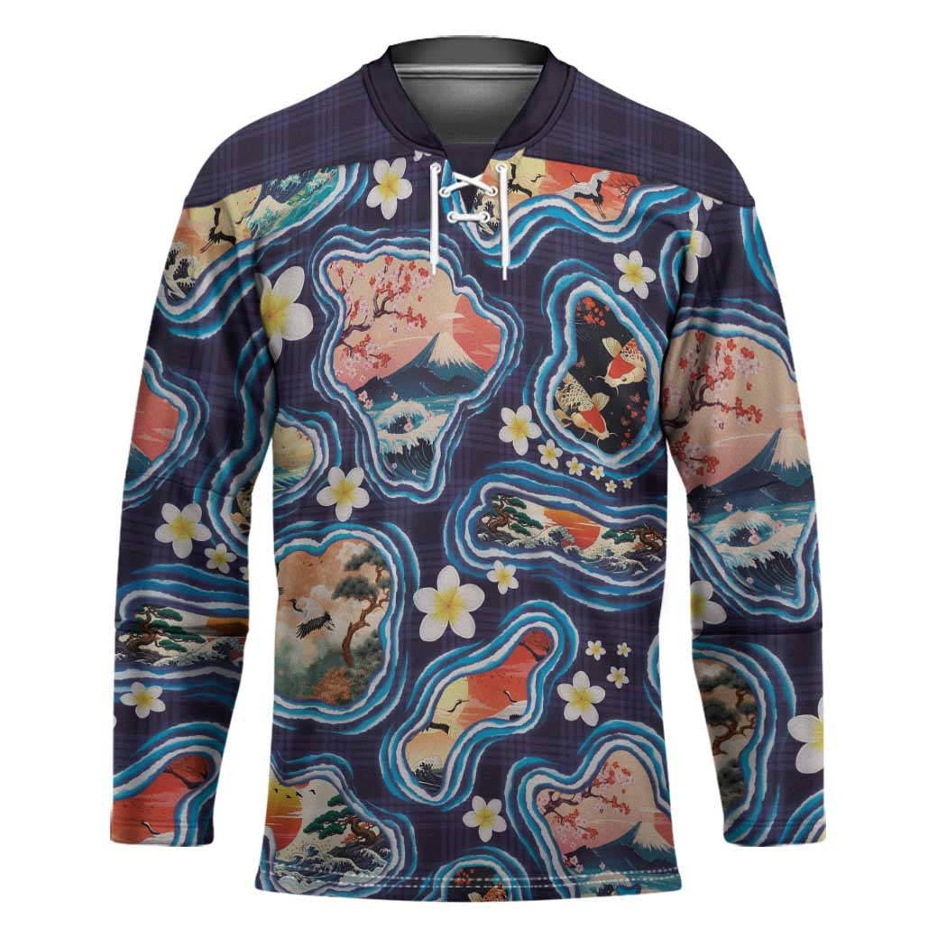 Hawaii Islands Map Design with Japanese Landscape Hockey Jersey Hawaiian Japan Fusion Art Navy Color LT03 Unisex Navy - Polynesian Pride