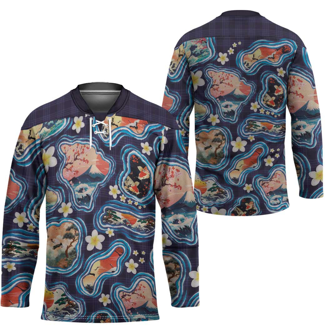 Hawaii Islands Map Design with Japanese Landscape Hockey Jersey Hawaiian Japan Fusion Art Navy Color LT03 - Polynesian Pride