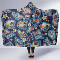 Hawaii Islands Map Design with Japanese Landscape Hooded Blanket Hawaiian Japan Fusion Art Navy Color LT03 One Size Navy - Polynesian Pride