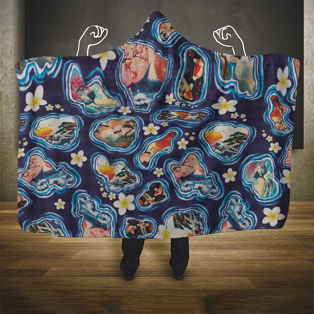 Hawaii Islands Map Design with Japanese Landscape Hooded Blanket Hawaiian Japan Fusion Art Navy Color LT03 - Polynesian Pride