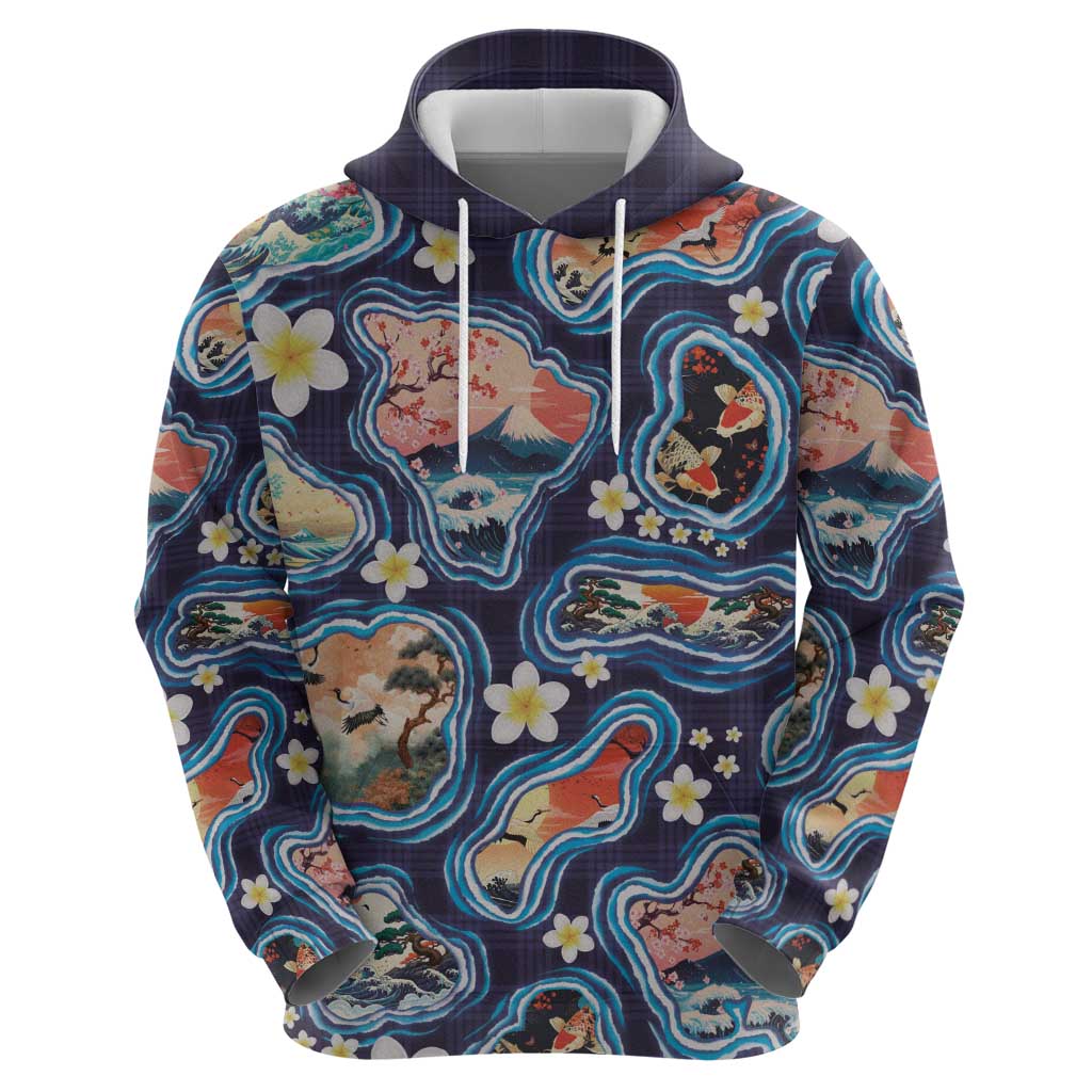 Hawaii Islands Map Design with Japanese Landscape Hoodie Hawaiian Japan Fusion Art Navy Color LT03 - Polynesian Pride