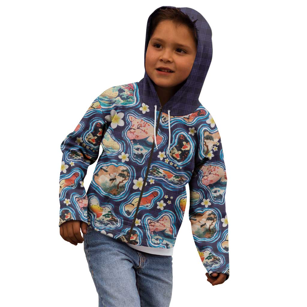 Hawaii Islands Map Design with Japanese Landscape Kid Hoodie Hawaiian Japan Fusion Art Navy Color LT03 - Polynesian Pride