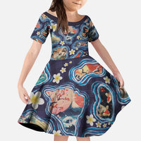 Hawaii Islands Map Design with Japanese Landscape Kid Short Sleeve Dress Hawaiian Japan Fusion Art Navy Color LT03 KID Navy - Polynesian Pride