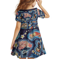 Hawaii Islands Map Design with Japanese Landscape Kid Short Sleeve Dress Hawaiian Japan Fusion Art Navy Color LT03 - Polynesian Pride