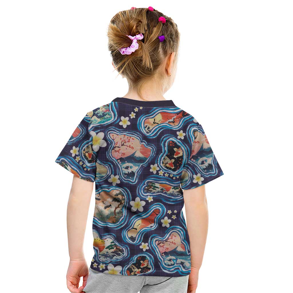 Hawaii Islands Map Design with Japanese Landscape Kid T Shirt Hawaiian Japan Fusion Art Navy Color LT03 - Polynesian Pride