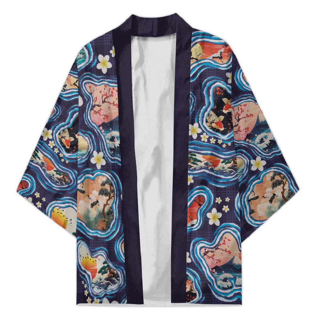 Hawaii Islands Map Design with Japanese Landscape Kimono Hawaiian Japan Fusion Art Navy Color LT03 Unisex Navy - Polynesian Pride