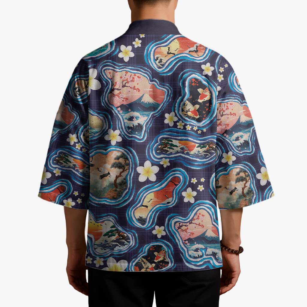 Hawaii Islands Map Design with Japanese Landscape Kimono Hawaiian Japan Fusion Art Navy Color LT03 - Polynesian Pride
