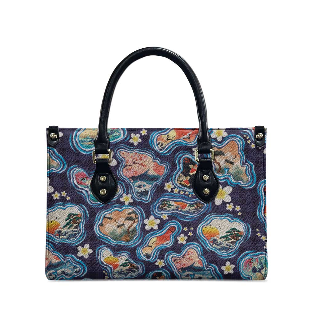 Hawaii Islands Map Design with Japanese Landscape Leather Bag Hawaiian Japan Fusion Art Navy Color LT03 - Polynesian Pride