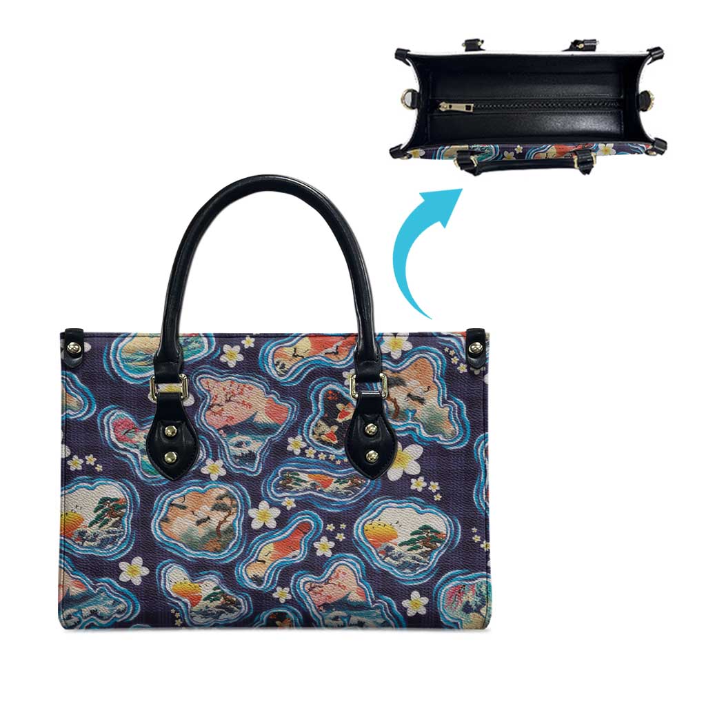 Hawaii Islands Map Design with Japanese Landscape Leather Bag Hawaiian Japan Fusion Art Navy Color LT03 - Polynesian Pride