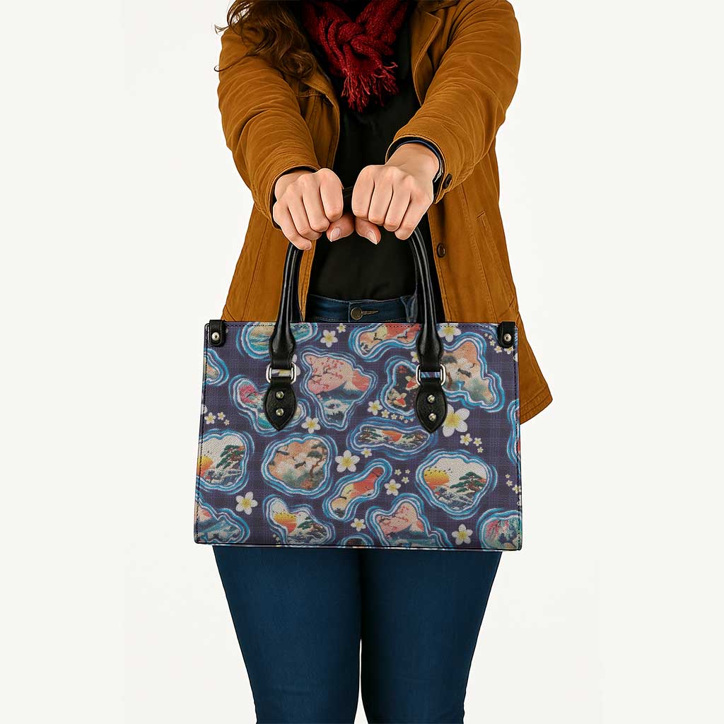 Hawaii Islands Map Design with Japanese Landscape Leather Bag Hawaiian Japan Fusion Art Navy Color LT03 - Polynesian Pride