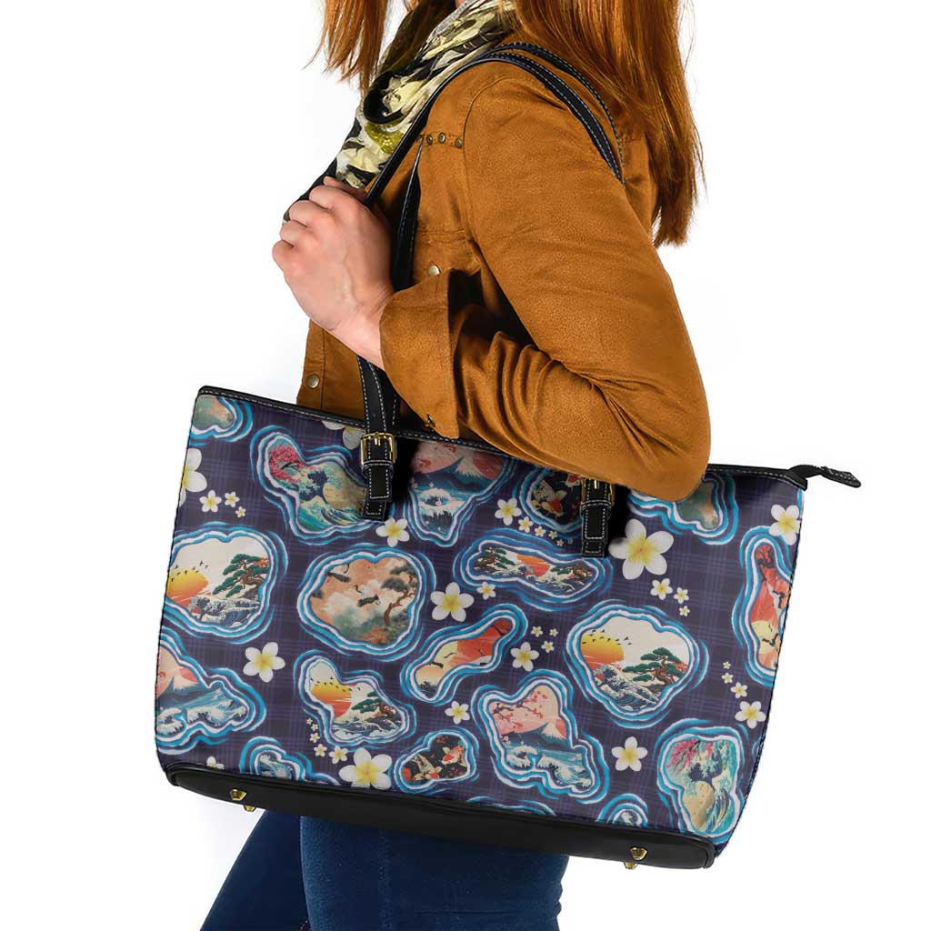 Hawaii Islands Map Design with Japanese Landscape Leather Tote Bag Hawaiian Japan Fusion Art Navy Color LT03 Navy - Polynesian Pride